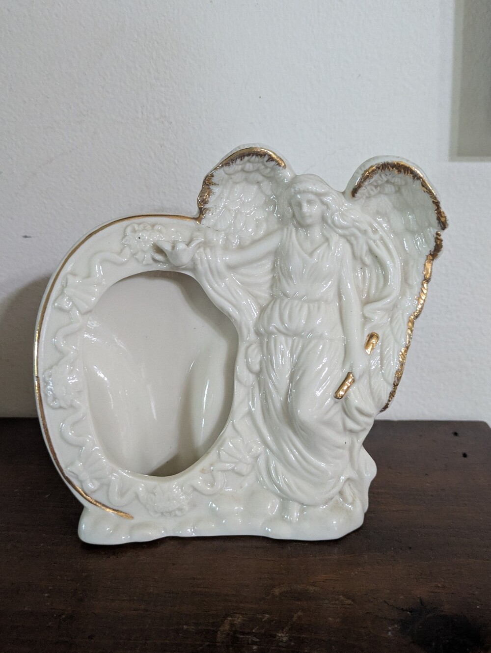 Vintage Porcelain Ceramic Angel Picture Frame - Ivory with Gold Trim Home Decor
